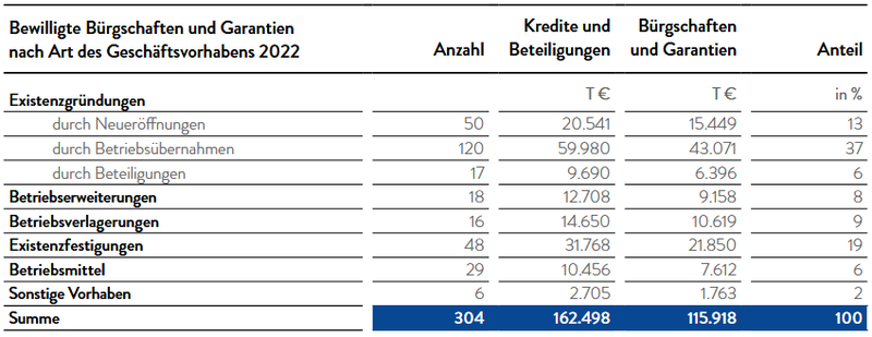 Bewilligte Bürgschaften und Garantien nach Art des Geschäftsvorhabens 2022